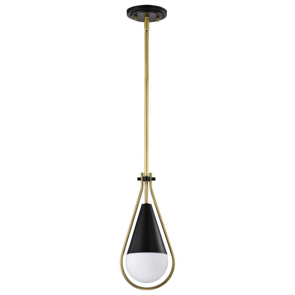 Admiral 1 Light Pendant; 10 Inches; Matte Black and Natural Brass Finish; White Opal Glass