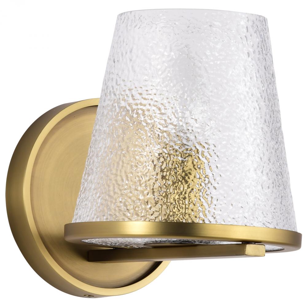 Valentine; 1 Light Vanity; Vintage Brass Finish; Hammered Glass