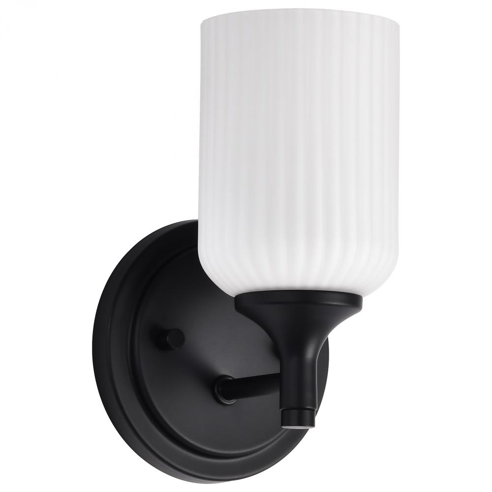 Solara; 1 Light Wall Sconce; Matte Black Finish; Frosted Ribbed Glass