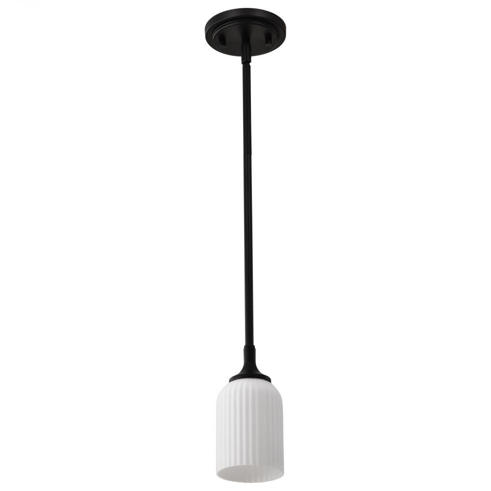 Solara; Mini Pendant; Matte Black Finish; Frosted Ribbed Glass